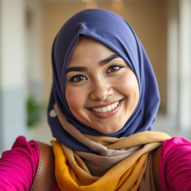 A young woman wearing a stylish hijab, posing for a selfie