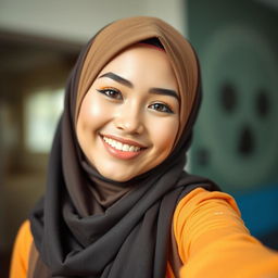 A young woman wearing a stylish hijab, posing for a selfie