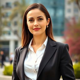 A 35-year-old woman with fair skin, showcasing a sophisticated business style