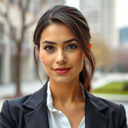 A 35-year-old woman with fair skin, showcasing a sophisticated business style