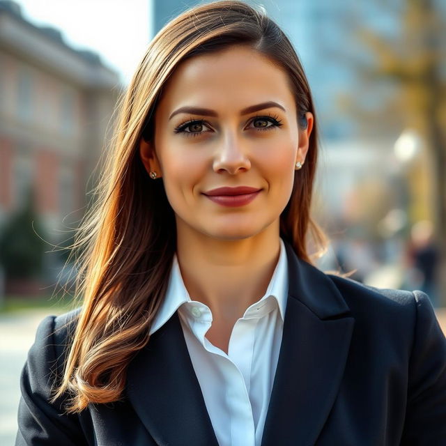 A 35-year-old woman with fair skin, showcasing a sophisticated business style