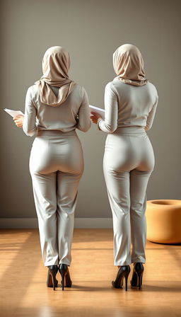 Two high-class Arab women in hijabs, both around 40 years old with white skin, depicted from the back