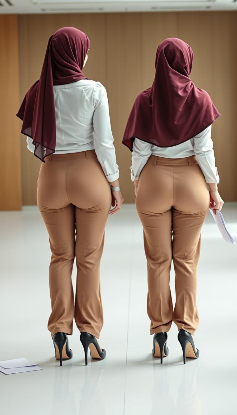 Two high-class Arab women in hijabs, both around 40 years old with white skin, depicted from the back