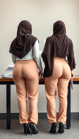 Two high-class Arab women in hijabs, both around 40 years old with white skin, depicted from the back