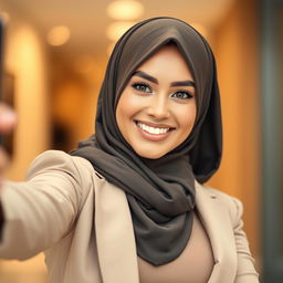 A young woman wearing a fashionable hijab, confidently posing for a selfie