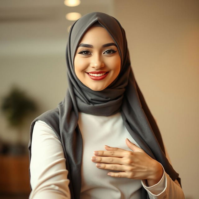 A young woman wearing a fashionable hijab, confidently posing for a selfie