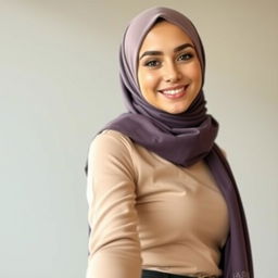 A young woman wearing a fashionable hijab, confidently posing for a selfie