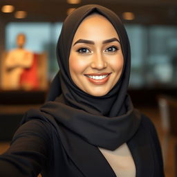 A young woman wearing a fashionable hijab, confidently posing for a selfie