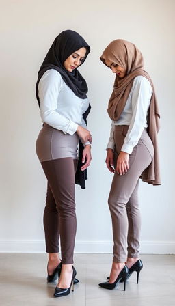 Two high-class Arab women in hijabs, both around 40 years old with white skin, depicted in a side view
