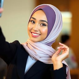 A young woman wearing a stylish hijab, confidently posing for a selfie