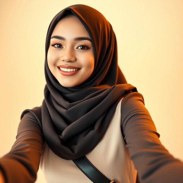A young woman wearing a stylish hijab, confidently posing for a selfie