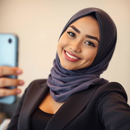 A young woman wearing a stylish hijab, confidently posing for a selfie