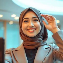 A young woman wearing a stylish hijab, confidently posing for a selfie