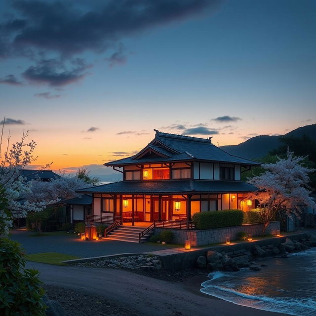 A stunning Japanese villa is beautifully situated at the edge of a tranquil beach, capturing the essence of a serene evening
