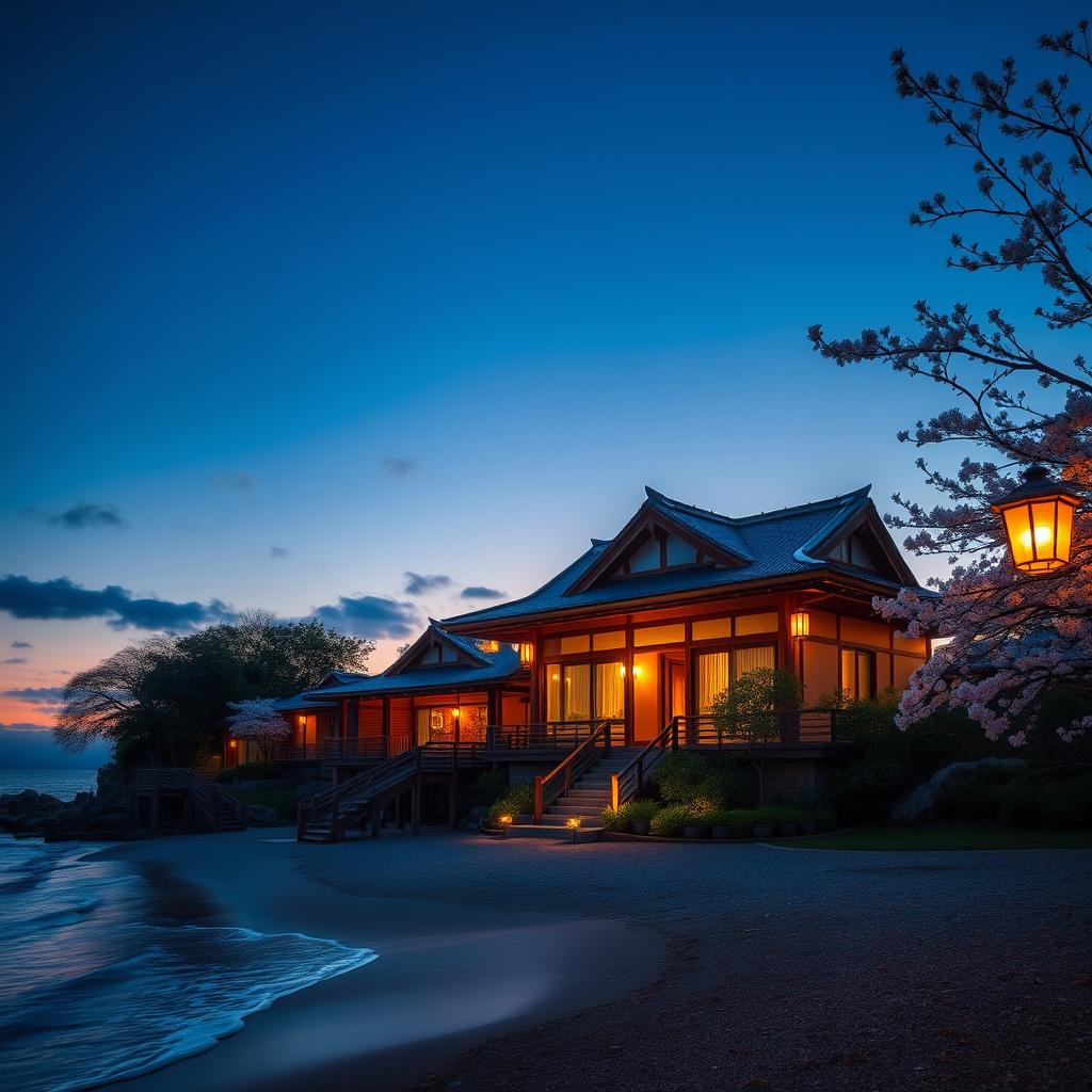 A stunning Japanese villa is beautifully situated at the edge of a tranquil beach, capturing the essence of a serene evening