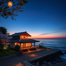 A stunning Japanese villa is beautifully situated at the edge of a tranquil beach, capturing the essence of a serene evening