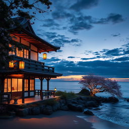 A stunning Japanese villa is beautifully situated at the edge of a tranquil beach, capturing the essence of a serene evening