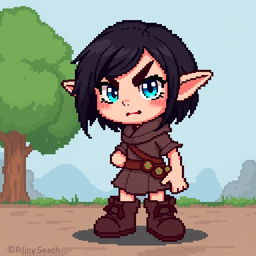 A pixel art character design featuring a girl with dark hair and striking blue eyes, resembling a goblin