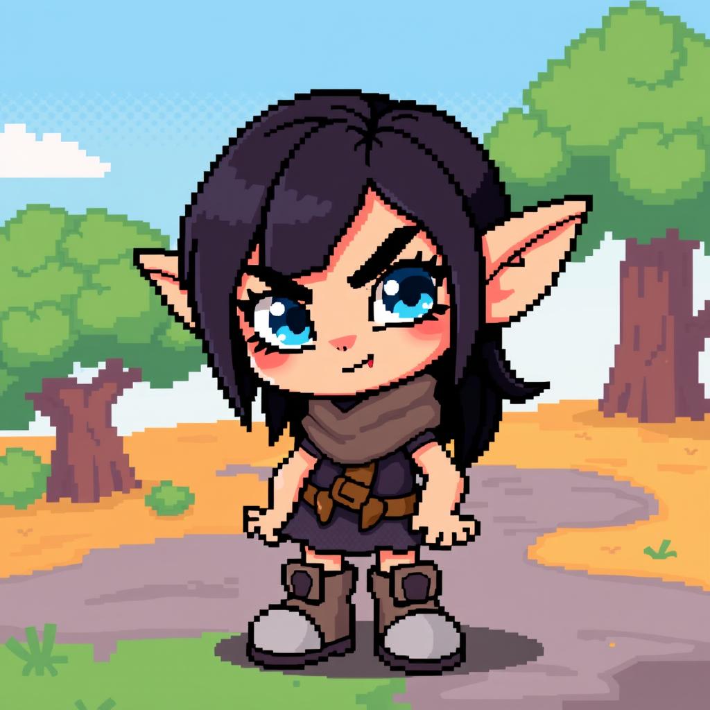 A pixel art character design featuring a girl with dark hair and striking blue eyes, resembling a goblin