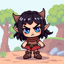 A pixel art character design featuring a girl with dark hair and striking blue eyes, resembling a goblin