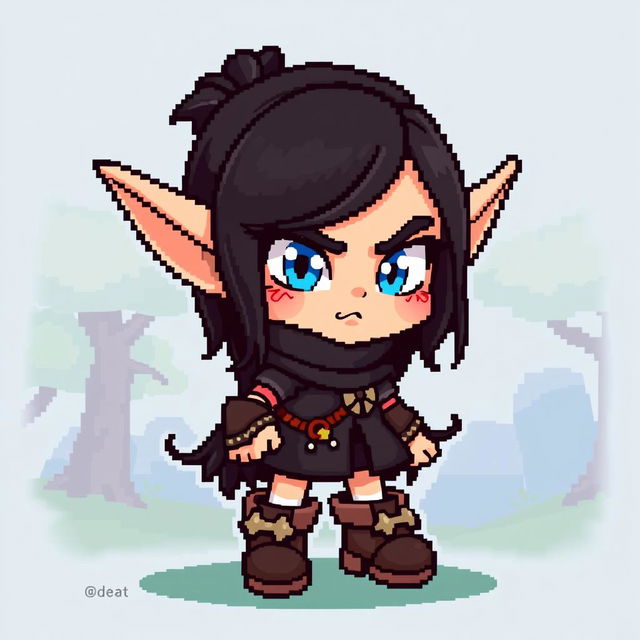 A pixel art character design featuring a girl with dark hair and striking blue eyes, resembling a goblin