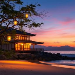 A beautiful Japanese villa is gracefully situated at the edge of a picturesque beach, capturing the essence of an enchanting evening