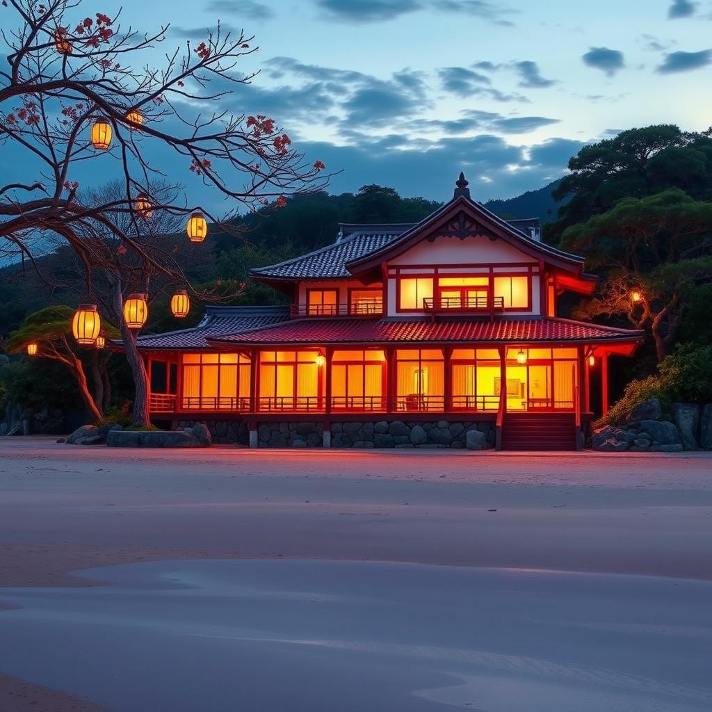 A beautiful Japanese villa is gracefully situated at the edge of a picturesque beach, capturing the essence of an enchanting evening