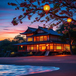 A beautiful Japanese villa is gracefully situated at the edge of a picturesque beach, capturing the essence of an enchanting evening