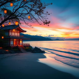 A beautiful Japanese villa is gracefully situated at the edge of a picturesque beach, capturing the essence of an enchanting evening