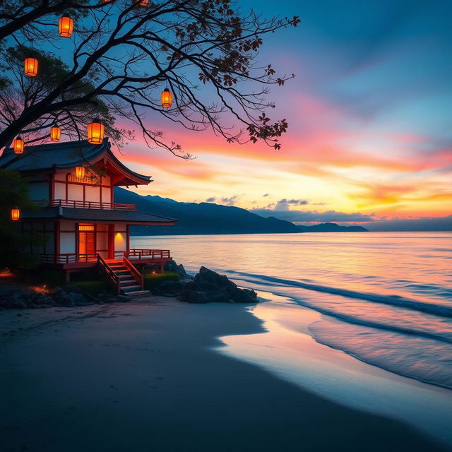 A beautiful Japanese villa is gracefully situated at the edge of a picturesque beach, capturing the essence of an enchanting evening