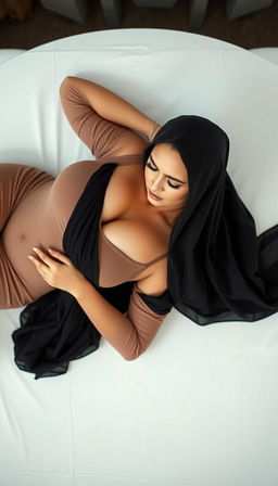 A high-class Arab woman in a hijab, around 40 years old with white skin, depicted from an overhead view