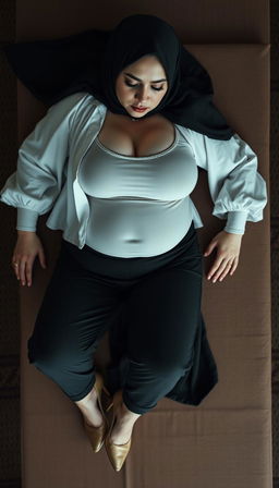A high-class Arab woman in a hijab, around 40 years old with white skin, depicted from an overhead view