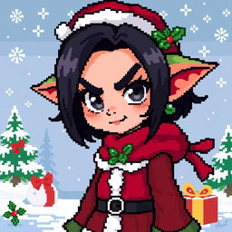 A pixel art character design featuring a girl with dark hair and grey eyes, resembling a Christmas-themed evil goblin