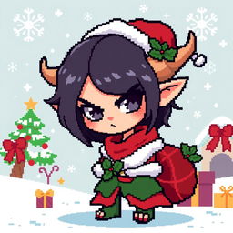 A pixel art character design featuring a girl with dark hair and grey eyes, resembling a Christmas-themed evil goblin