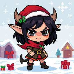 A pixel art character design featuring a girl with dark hair and grey eyes, resembling a Christmas-themed evil goblin