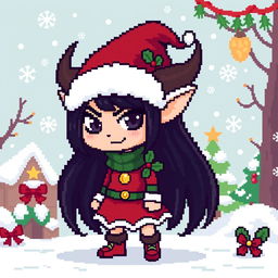 A pixel art character design featuring a girl with dark hair and grey eyes, resembling a Christmas-themed evil goblin