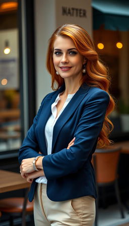 A captivating portrait of a stunning 40-year-old redhead woman exuding sophistication and charm