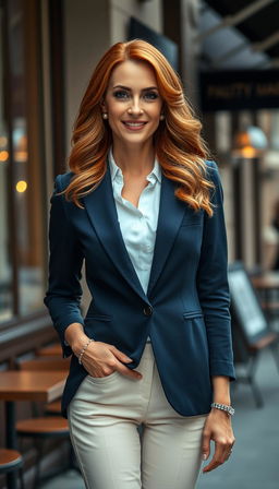 A captivating portrait of a stunning 40-year-old redhead woman exuding sophistication and charm