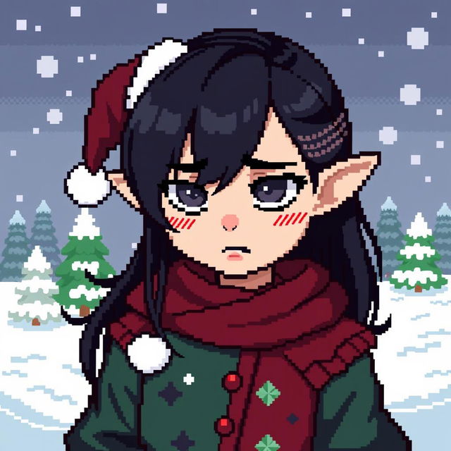 A pixel art character design depicting a sad girl with dark hair and grey eyes, resembling a Christmas-themed evil goblin