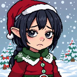 A pixel art character design depicting a sad girl with dark hair and grey eyes, resembling a Christmas-themed evil goblin