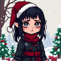 A pixel art character design depicting a sad girl with dark hair and grey eyes, resembling a Christmas-themed evil goblin