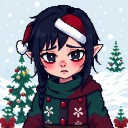 A pixel art character design depicting a sad girl with dark hair and grey eyes, resembling a Christmas-themed evil goblin