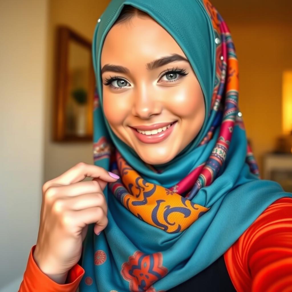 A beautiful girl wearing a colorful hijab, taking a selfie with a playful smile