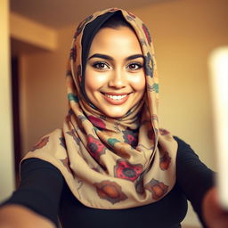 A beautiful girl wearing a colorful hijab, taking a selfie with a playful smile