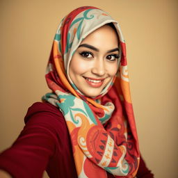A beautiful girl wearing a colorful hijab, taking a selfie with a playful smile