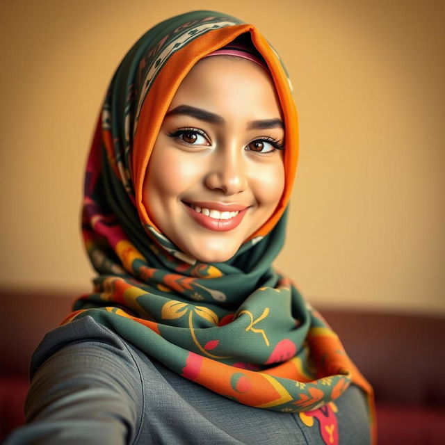A beautiful girl wearing a colorful hijab, taking a selfie with a playful smile