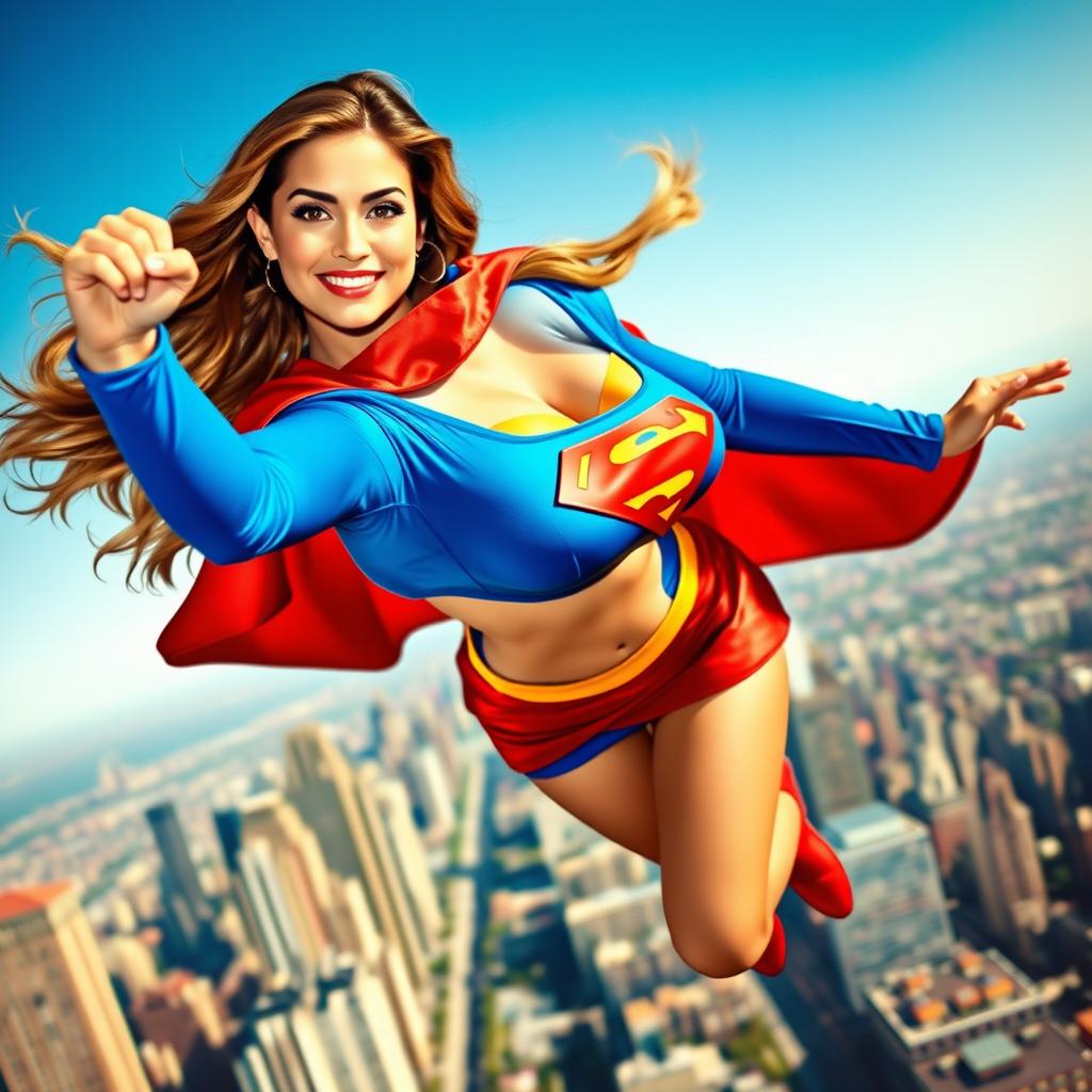 A voluptuous, busty woman dressed in a vibrant Supergirl costume, complete with a tight-fitting top and a flowing miniskirt, soaring high above a bustling city