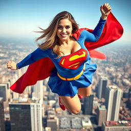 A voluptuous, busty woman dressed in a vibrant Supergirl costume, complete with a tight-fitting top and a flowing miniskirt, soaring high above a bustling city