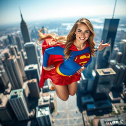 A voluptuous, busty woman dressed in a vibrant Supergirl costume, complete with a tight-fitting top and a flowing miniskirt, soaring high above a bustling city