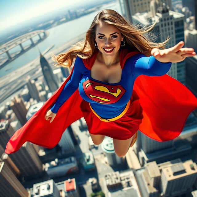 A voluptuous, busty woman dressed in a vibrant Supergirl costume, complete with a tight-fitting top and a flowing miniskirt, soaring high above a bustling city